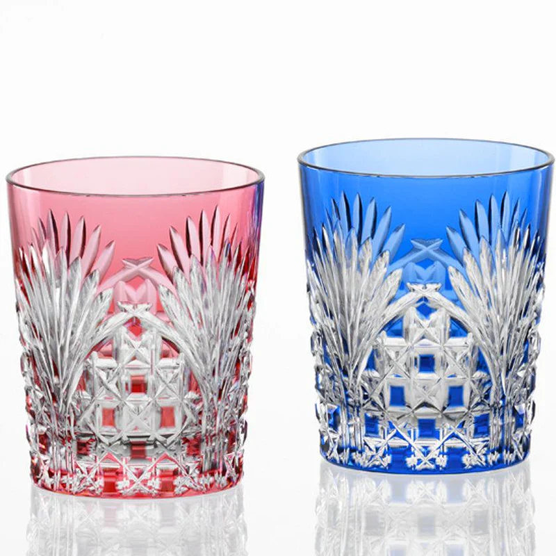 KAGAMI CRYSTAL [ROCKS GLASS] PAIR OF WHISKEY GLASSES BAMBOO LEAVES & TETRAGONAL BASKET WEAVE | EDO KIRIKO | - Image 2